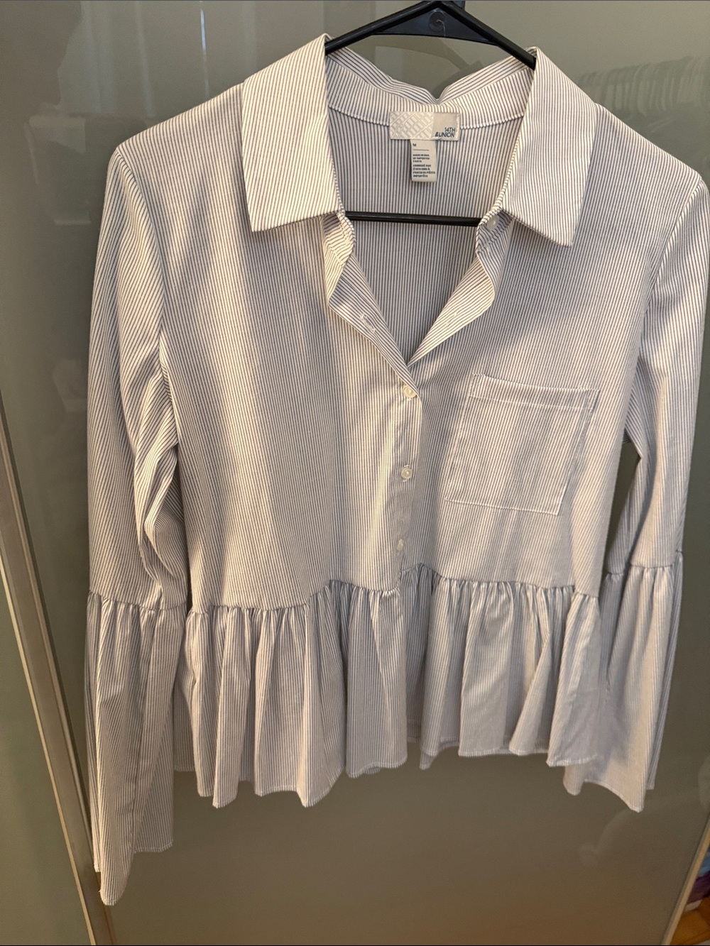 Blue Stripe Ruffle Hem Button-Down Top